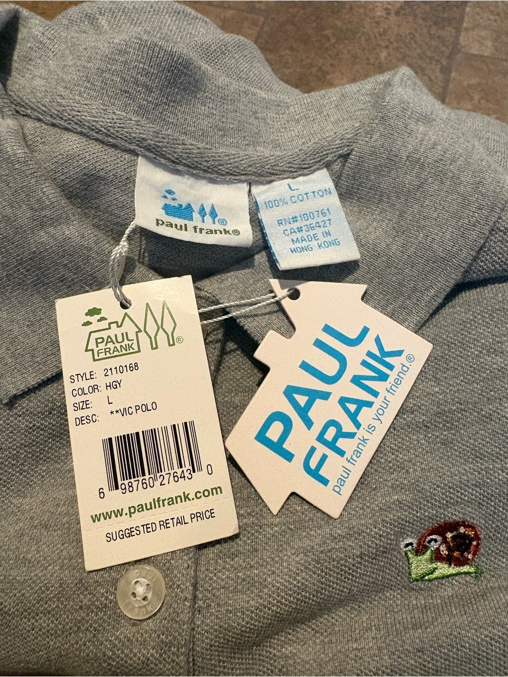 NWT~PAUL FRANK Kids Teens Gray Polo Y2K Shirt W/ Snail Embroidery Size Large - Picture 5 of 7